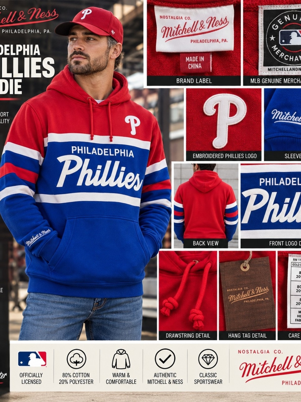 Mitchell & Ness Red, Blue & White Philadelphia Phillies Pullover Hoodie